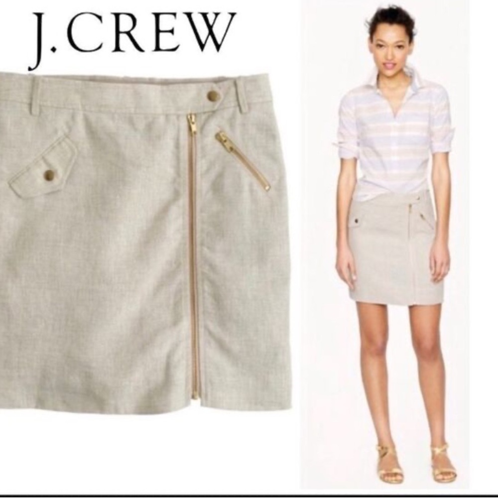 J. Crew Khaki Linen Utility Cotton Mini Skirt Gold Zipper Cargo 4 Asymmetrical